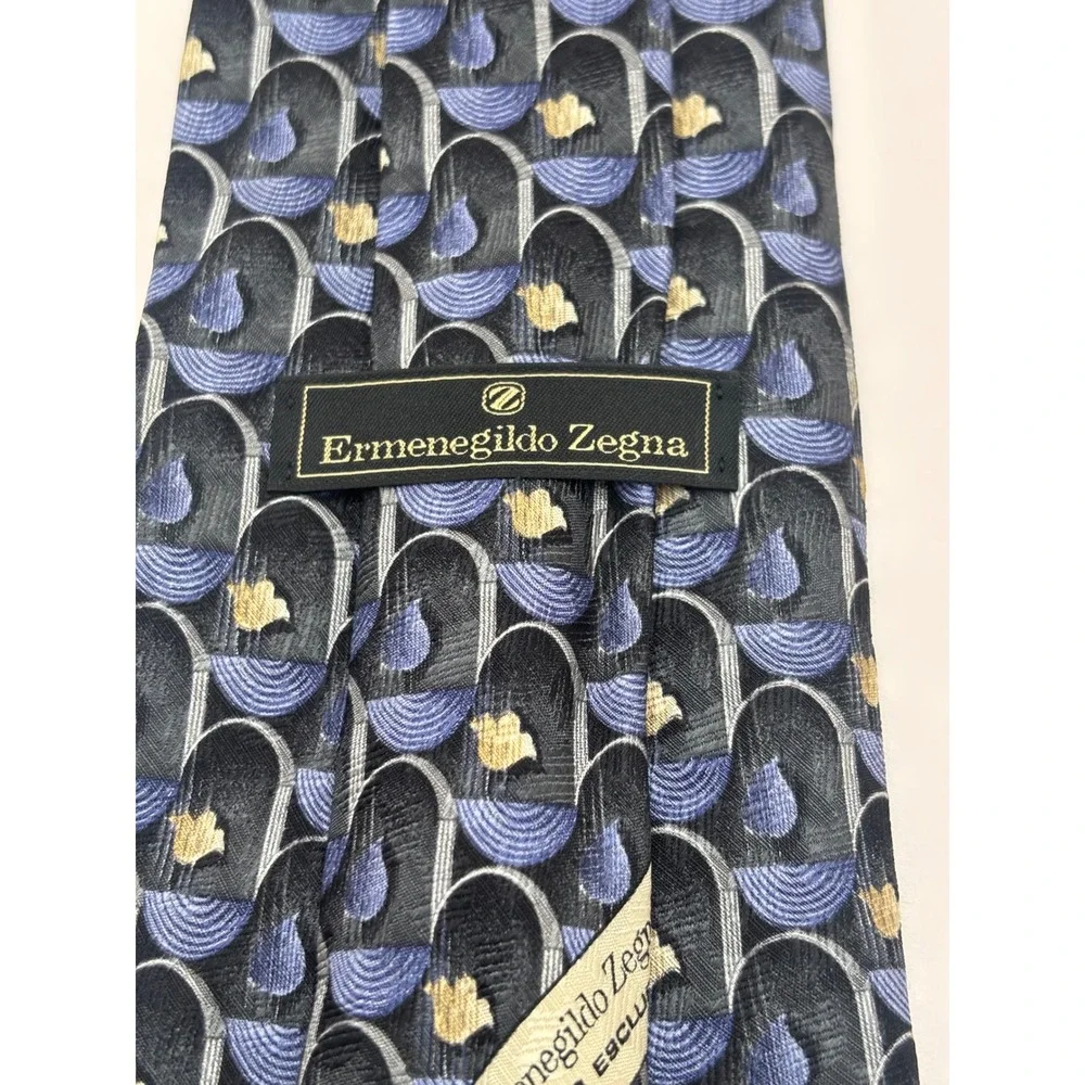 Ermenegildo Zegna Silk Tie Navy Blue Grey Gold Geometric Disegno Esclusivo Italy